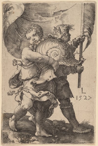 Deux garçons avec un casque et un étendard - Lucas van Leyden
