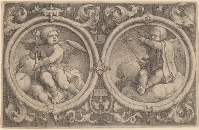 Deux cupidons assis sur des nuages dans deux cercles - Lucas van Leyden