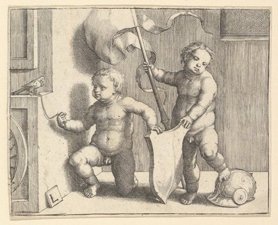 Deux Enfants Nus Soutenant un Écu Vide - Lucas van Leyden
