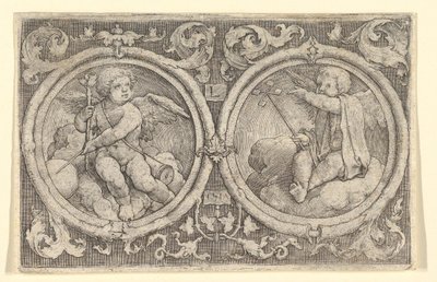 Deux putti assis dans des nuages en cercles avec des vrilles, 1517 - Lucas van Leyden
