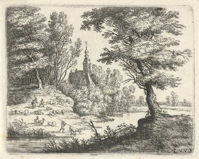 Paysage avec bergers et bétail près d