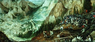 Paysage avec Jérusalem, Christ portant la croix et préparations sur la colline du Calvaire - Lucas van Valckenborch