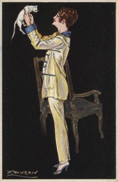 Fille en pyjama tenant un chat blanc - Luciano Achille Mauzan