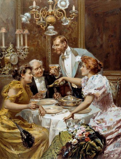 Belle époque : « le bon souper » Deux couples dans un salon privé boivent du champagne. Illustration de Ludovico Marchetti (1853-1909) 1893 Collection privée - Ludovico Marchetti