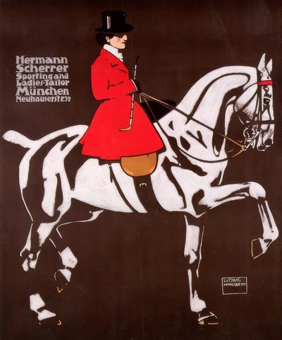 Dame à cheval en costume de chasse au renard en Angleterre - Ludwig Hohlwein