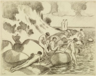 Des garçons se baignant sur la plage, avec deux femmes en arrière-plan - Ludwig von Hofmann
