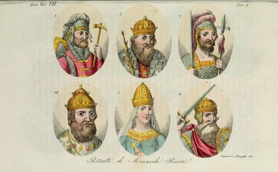 1. Rurik 2. Igor de Kiev 3. Olga 4. Sviatoslav 5. Vladimir le Grand 14. Ivan IV de Il costume antico par Giulio Ferrario, 1831 - Luigi Giarrè
