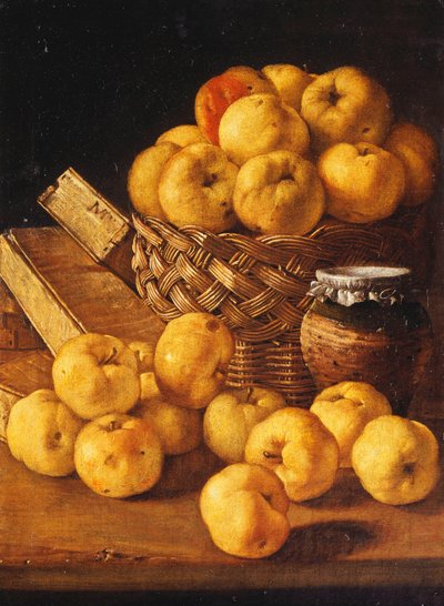 Pommes dans un panier, un pot et des boîtes à condiments sur une table - Luis Egidio Melendez