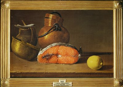 Nature morte avec un morceau de saumon, un citron et trois récipients (peinture sur toile) - Luis Menendez or Melendez