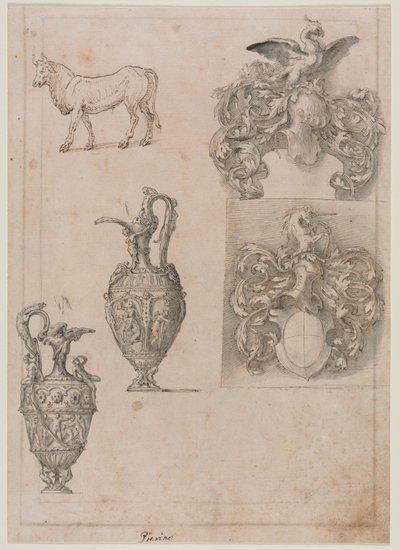 Conception pour deux vases, deux armoiries et un taureau recto, milieu des années 1500 - Luzio Romano