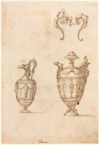 Conception pour deux vases et un ornement recto, milieu des années 1500 - Luzio Romano