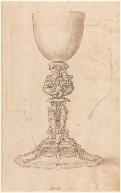 Conception pour un calice recto Plan architectural verso, milieu des années 1500 - Luzio Romano
