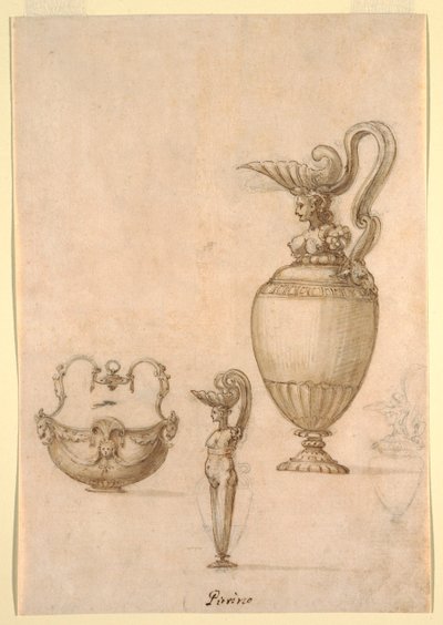 Dessins pour deux aiguières et un bol à anse pivotante - Luzio Romano