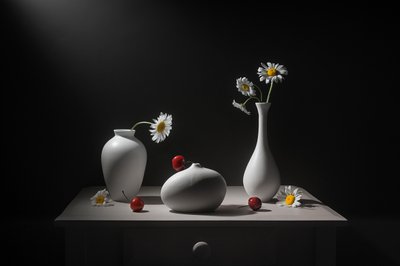 Marguerites, vases et cerises - Lydia Jacobs