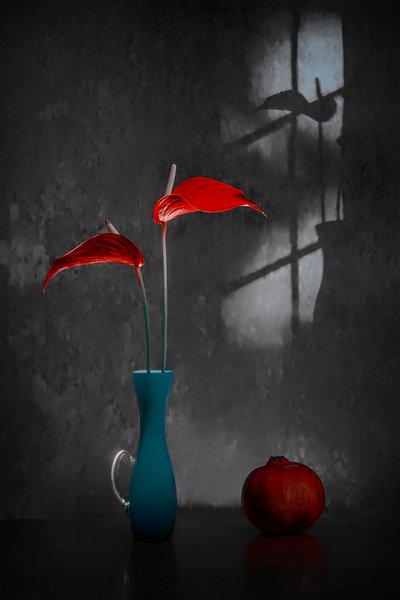 Anthuriums rouges dans un vase bleu - Lydia Jacobs