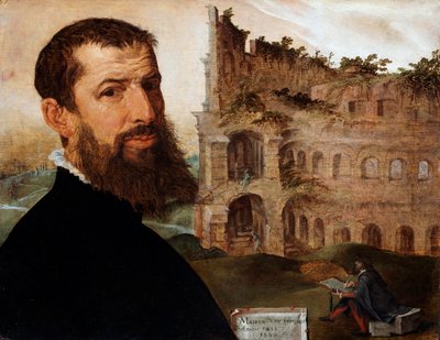 Autoportrait du peintre avec le Colisée en arrière-plan, 1553 - Maerten van Heemskerck