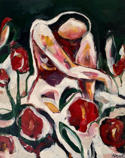Une femme parmi les fleurs rouges - Magdalena  Krzak