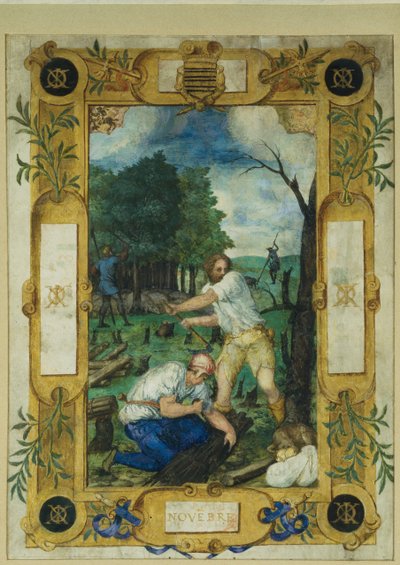 Page de calendrier pour novembre, abattage des arbres, d