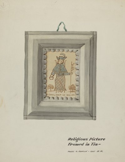 Santo Niño de Atocha dessiné à la main - Cadre en étain fait main, vers 1937 - Majel G. Claflin