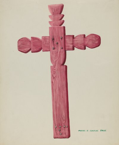 Croix en bois rouge utilisée comme pierre tombale, vers 1937 - Majel G. Claflin