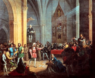 Christophe Colomb lors de la lecture de la Pragmatique Royale (détail) - Manuel Cabral y Aguado Bejarano