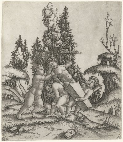 Amour et deux putti ou enfants portant une statue de putti avec une ancre ailée sur un socle - Marcantonio Raimondi