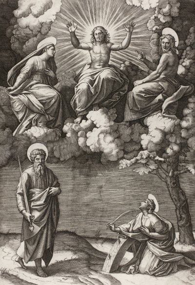 Le Christ, la Vierge et Saint Jean-Baptiste avec les saints Paul et Catherine, 1520-25 - Marcantonio Raimondi