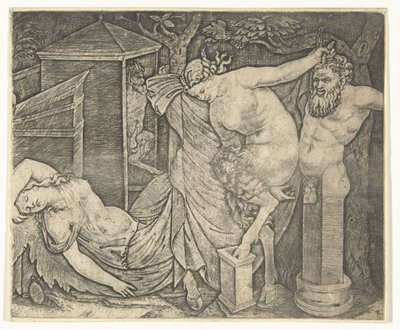 Fragment de bacchanale avec femme satyre et hermès et bacchante endormie - Marcantonio Raimondi