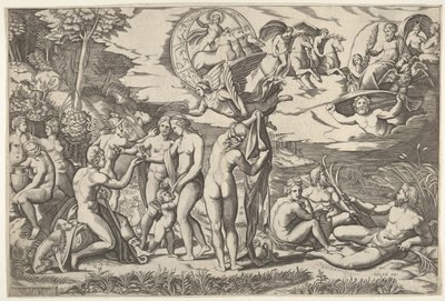Le Jugement de Pâris : Pâris tend la main vers Vénus, qui se tient entre Junon et..., vers 1520-50 - Marcantonio Raimondi