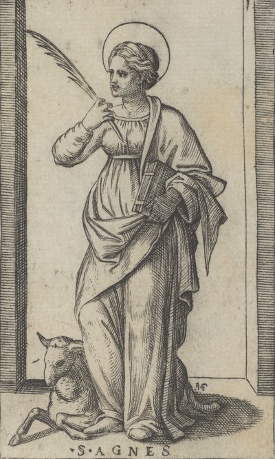 Sainte Agnès tenant une palme dans sa main droite, un mouton en bas à gauche, vers 1500-1527 - Marcantonio Raimondi