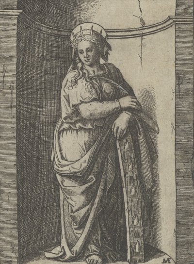 Sainte Catherine debout dans une niche, reposant sur une roue, son instrument de torture - Marcantonio Raimondi