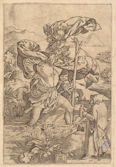 Saint Christophe traversant la rivière avec le Christ sous forme de putto sur son épaule, vers 1500-1534 - Marcantonio Raimondi