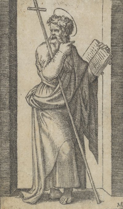 Saint Philippe, livre dans sa main gauche, bâton reposant sur son bras gauche, de la série..., vers 1500-1527 - Marcantonio Raimondi