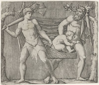 Deux faunes portant un enfant dans un panier - Marcantonio Raimondi