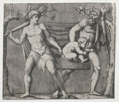 Deux faunes portant un enfant dans un panier - Marcantonio Raimondi