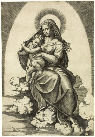 Vierge et enfant assis sur des nuages - Marcantonio Raimondi
