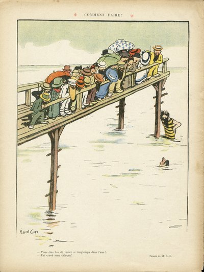 Illustration de Marcel Capy dans Le Lire, 24/08/12 - Comment faire ? - Loisirs, Urbanisme, Marine, Baignade, Foule - Marcel Amable O.L. Capy