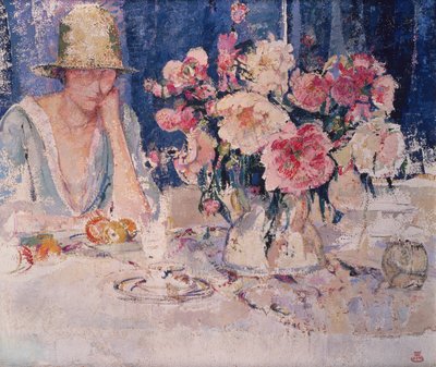 Femme à une table chargée de fleurs - Marcel Jefferys