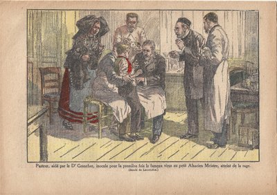 Pasteur, assisté par le Dr Grancher, inocula le fameux virus pour la première fois au petit maître alsacien, infecté par la rage., Le Pèlerin, 5/11/1922 - Marcel Lecoultre