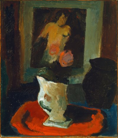 Nu, vase blanc et tapis rouge - Marcel Poncet