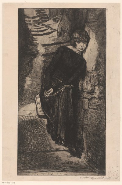 Femme vêtue de noir, appuyée contre un mur (Misère de misère, Fille de Joie) - Marcel Roux (signed by artist)