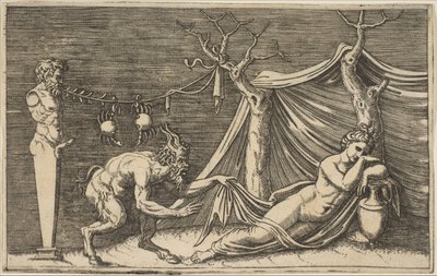 Un satyre découvrant une femme endormie, deux crabes suspendus à une corde qui est tendue..., vers 1515-27 - Marco Dente