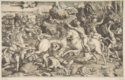 Scène de bataille dans un paysage avec des soldats à cheval et plusieurs hommes tombés, un autre..., vers 1520 - Marco Dente