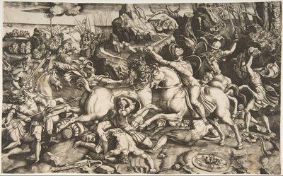 Scène de bataille dans un paysage avec des soldats à cheval et plusieurs hommes tombés, autre..., vers 1520 - Marco Dente