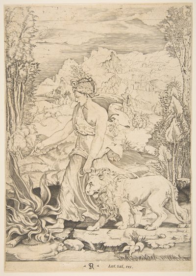 La Fortitude en vue de profil marchant vers un feu à gauche et menant un lion harnaché, vers 1515-27 - Marco Dente