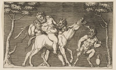 Deux satyres plaçant Silène sur une mule braillante et un troisième satyre à droite - Marco Dente