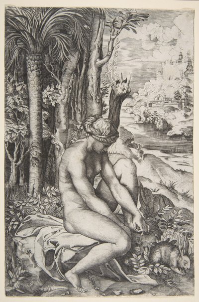 Vénus enlevant une épine de son pied gauche assise sur un tissu à côté des arbres, vers 1515-27 - Marco Dente
