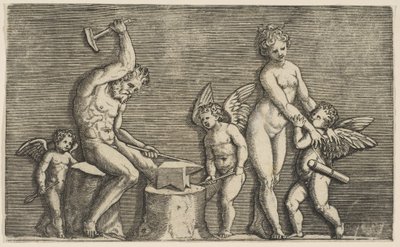 Vulcain assis martelant sur une enclume flanqué de Vénus et de trois cupidons - Marco Dente