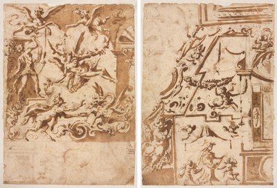 Grotesque avec un satyre nourrissant un dragon (recto); Grotesque avec un centaure bondissant (verso) - Marco Marchetti