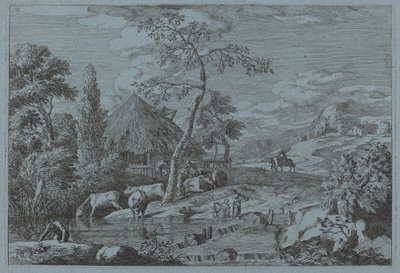 Bétail et figures à un ruisseau de ferme - Marco Ricci